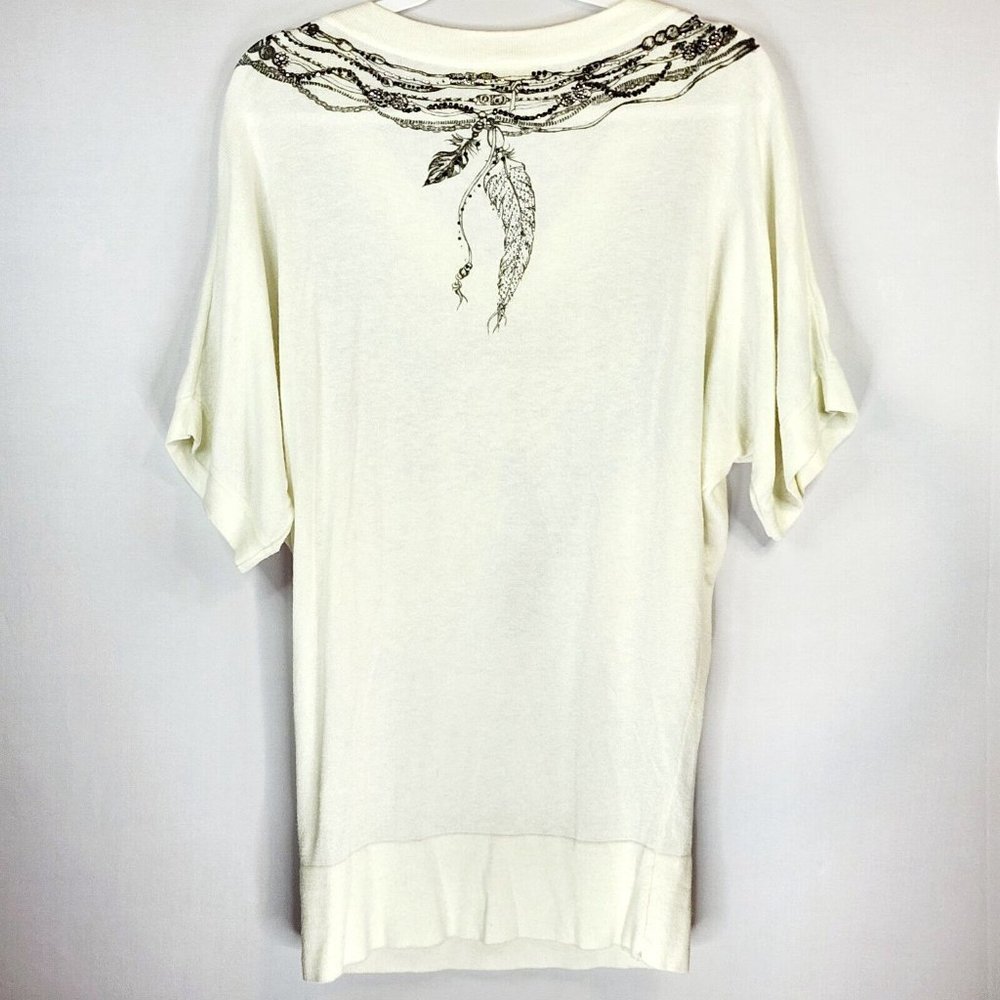 MM Unplugged by Miss Me Sweater Womens Medium Ivory Feather Print Knit Pullover - Picture 2 of 5